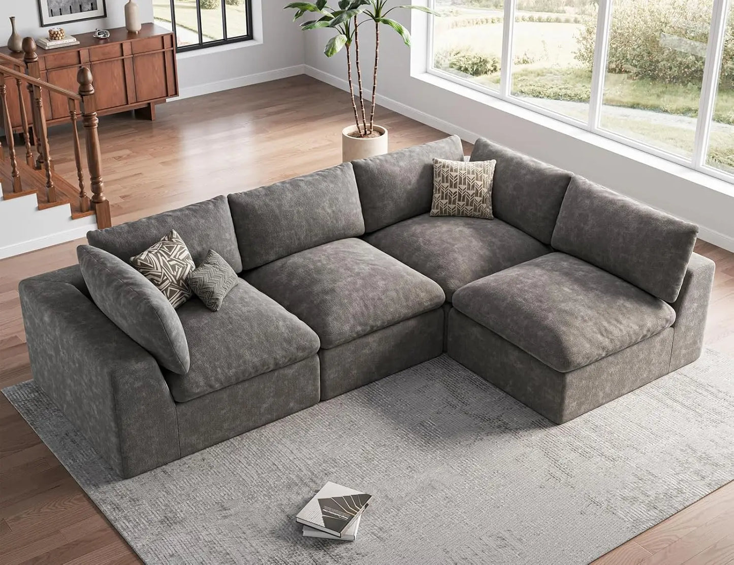 Oversize L-Shape Sectional Sofa 4 Seater Modular Padded Cushion Living Room Dark Grey Customized