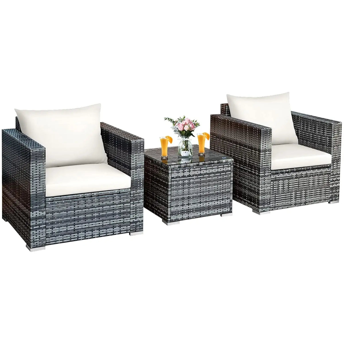 3 Pieces Patio Furniture Set, Outdoor Conversation Rattan Furniture Set w/Washable Cushion and Tempered Glass Tabletop, PE Ratta