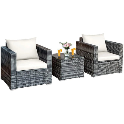 3 Pieces Patio Furniture Set, Outdoor Conversation Rattan Furniture Set w/Washable Cushion and Tempered Glass Tabletop, PE Ratta