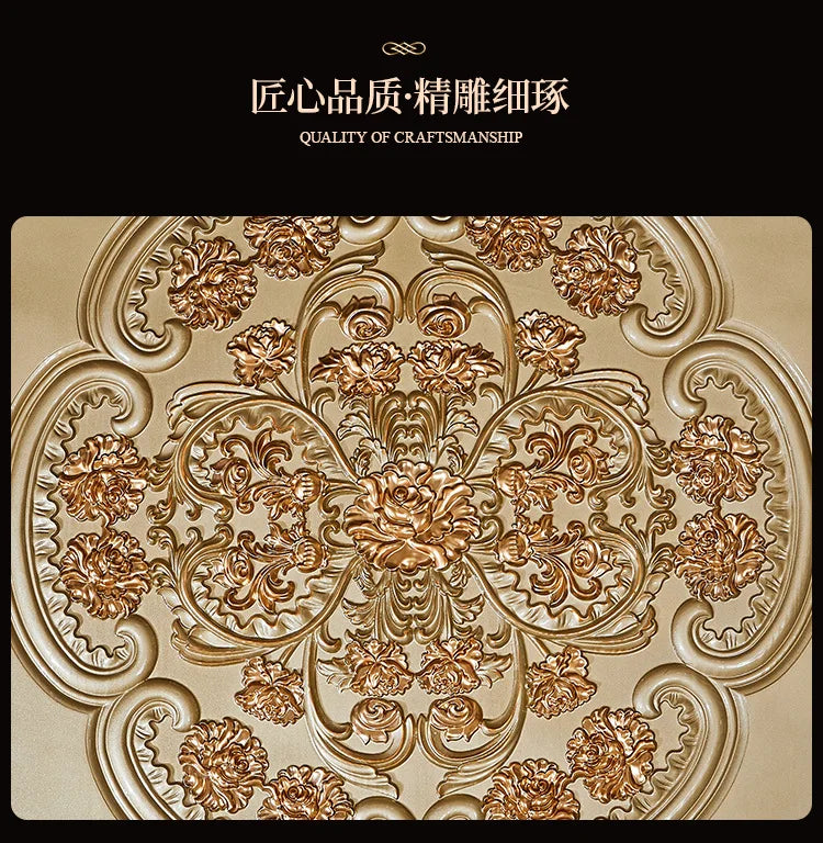 European dining table and chair combination glass surface classical luxury solid wood carving flower round table with turntable