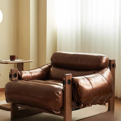 Nordic retro single solid wood sofa chair guest casual leather recliner simple and modern small apartment