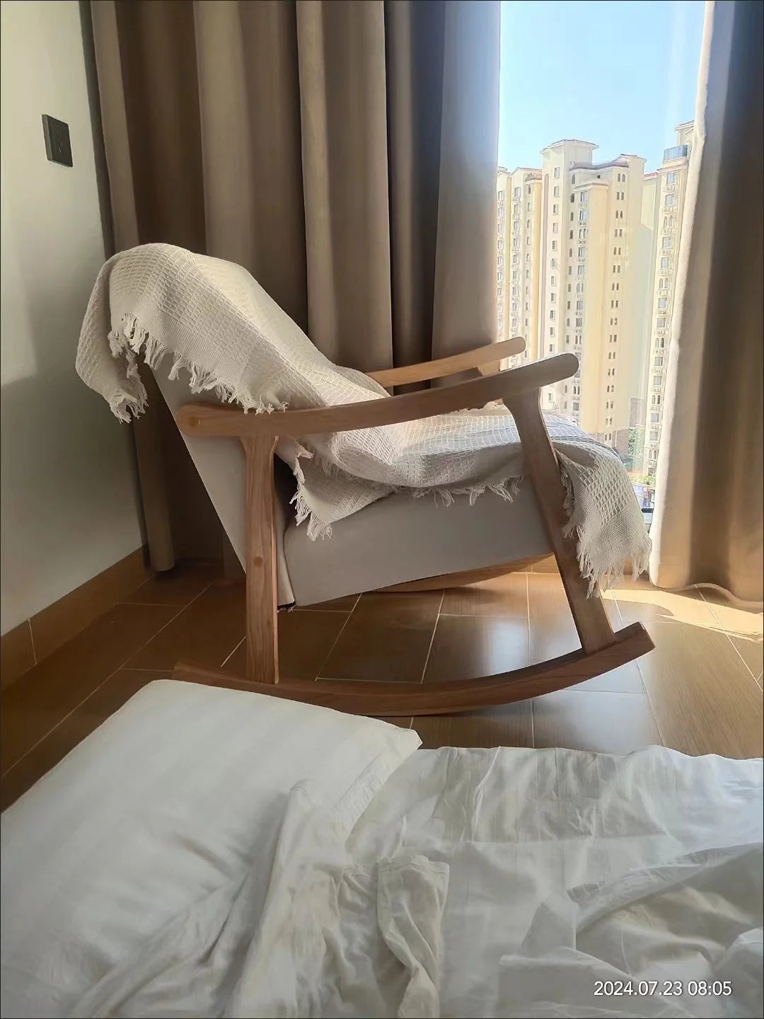 Wooden Rocking Chair Lounge Chair High Backrest Rocking Armchair Accent Chair with Lumber Pillow