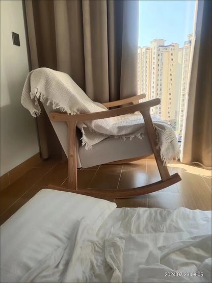 Wooden Rocking Chair Lounge Chair High Backrest Rocking Armchair Accent Chair with Lumber Pillow