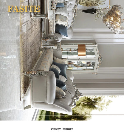 French light luxury living room large apartment first layer cowhide European solid wood carving flower three sofa combination