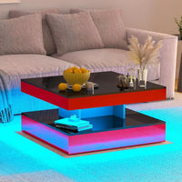 Red LED Coffee Table for Living Room, Living Room Table 2-Tier Square Modern High Glossy Contemporary Wood Coffee Tables