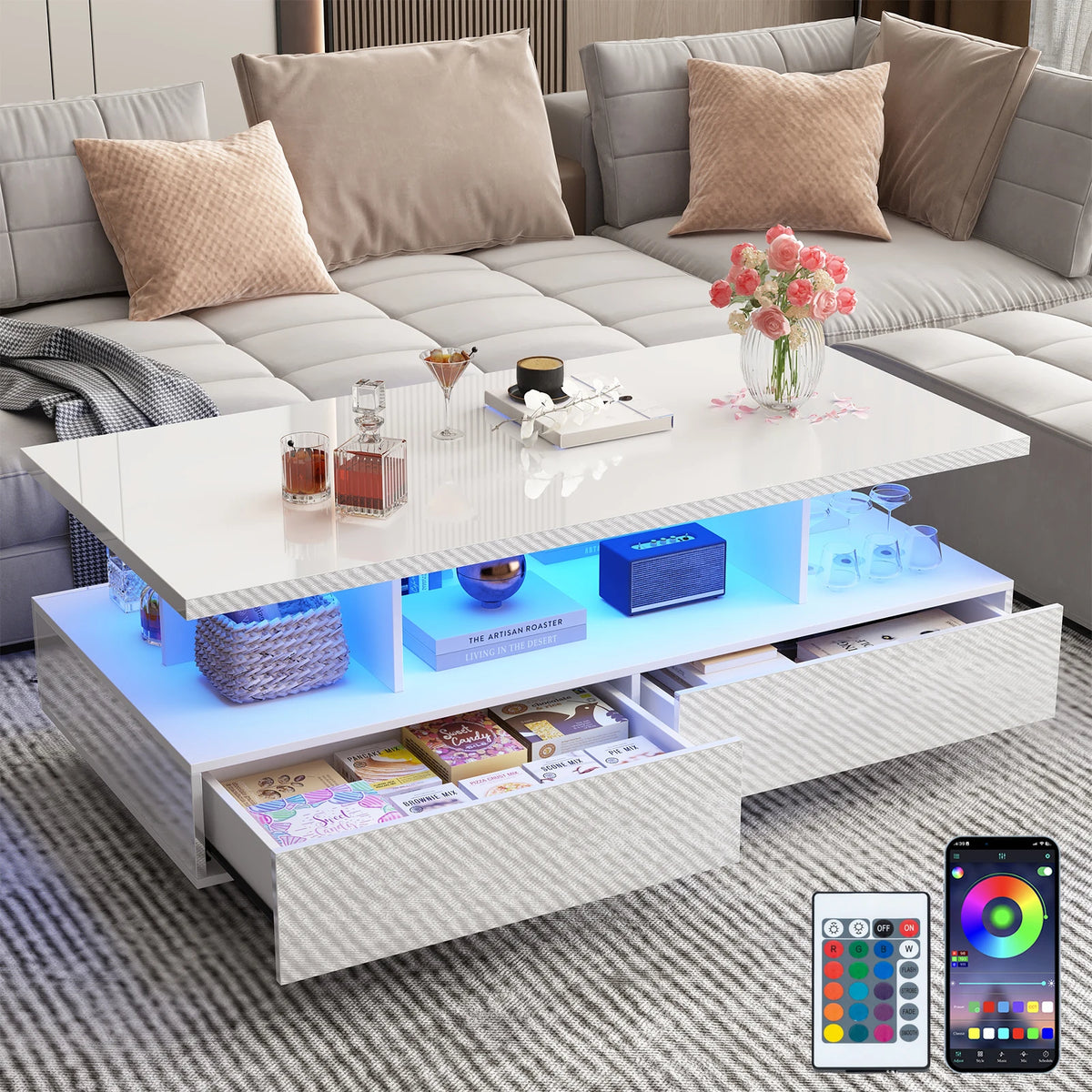 43 Inch LED Coffee Table w/2 Storage Drawers, Modern High Gloss Coffee Table w/Display Shelf, Rectangle 2-Tier Center Table