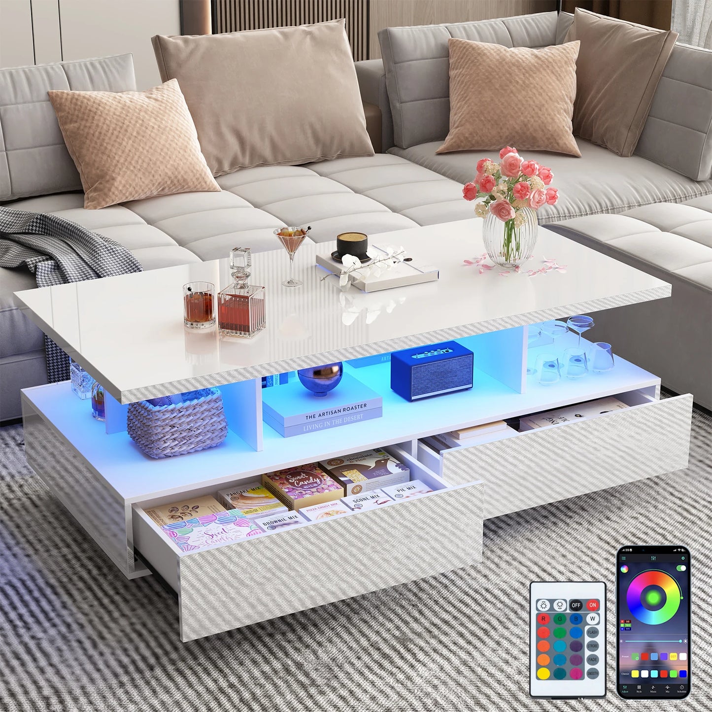 43 Inch LED Coffee Table w/2 Storage Drawers, Modern High Gloss Coffee Table w/Display Shelf, Rectangle 2-Tier Center Table