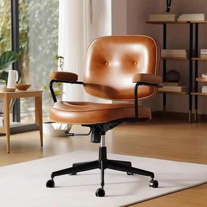 Home Computer Chair Office Chair Swivel Chair Oil Wax Leather and Top Layer Cowhide Style Retro Light Luxury Texture New