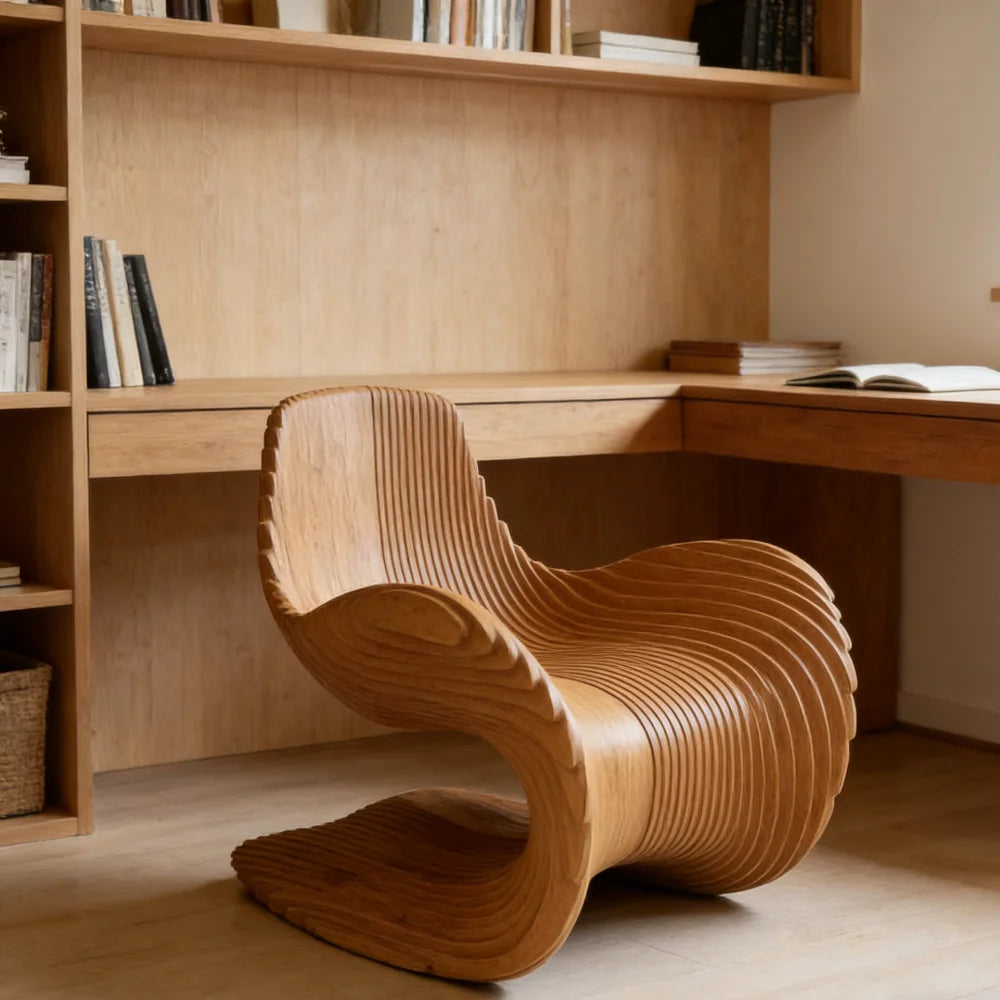 *Contemporary Wavy Solid Wood Slice Leisure Chair | Unique Irregular Accent Chair for Modern Living Room, Home Office & Patio