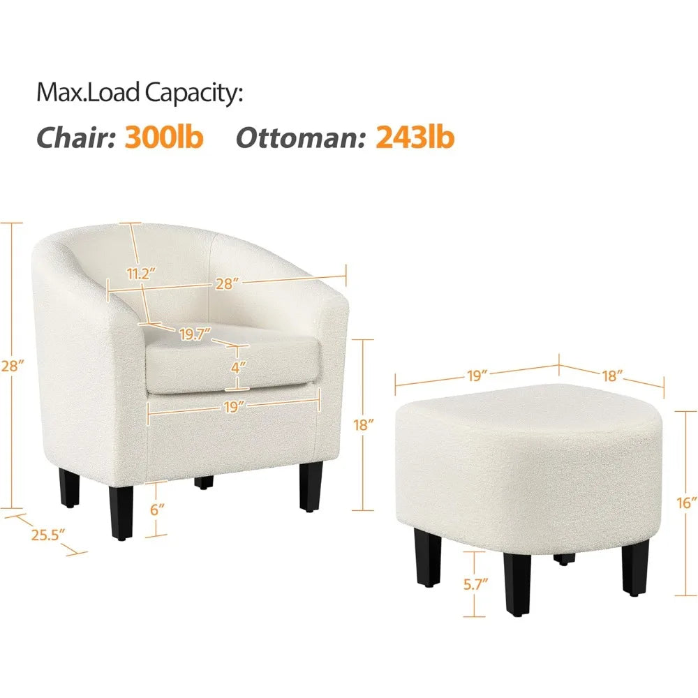 Modern Sherpa Accent Chair and Ottoman Set, Plush Barrel-Shaped Armchair with Footrest for Lounge Areas