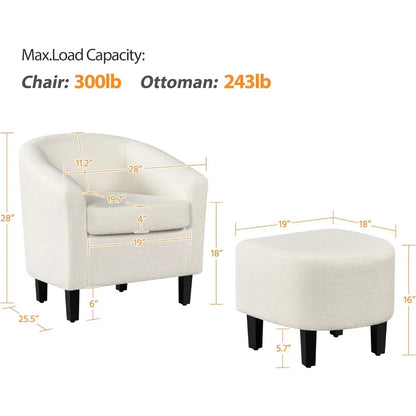 Modern Sherpa Accent Chair and Ottoman Set, Plush Barrel-Shaped Armchair with Footrest for Lounge Areas