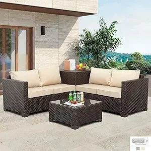 4-Piece Outdoor Brown Wicker Sectional Sofa Set with Storage Table and Khaki Cushions