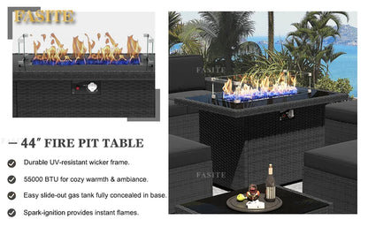 7-Piece Outdoor Patio Furniture with 44-inch Fire Pit Table Rattan Sectional Sofa Conversation Set