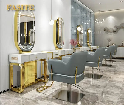 Hairdresser's mirror stand hair salon special solid wood haircut mirror simple barber's table with light