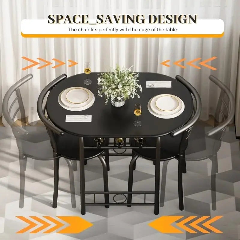3-Piece Wooden Dining Table Set, Kitchen Breakfast Nook Sets with 2 Chairs & Round Tabletop, Space Saving Furniture Metal Frame