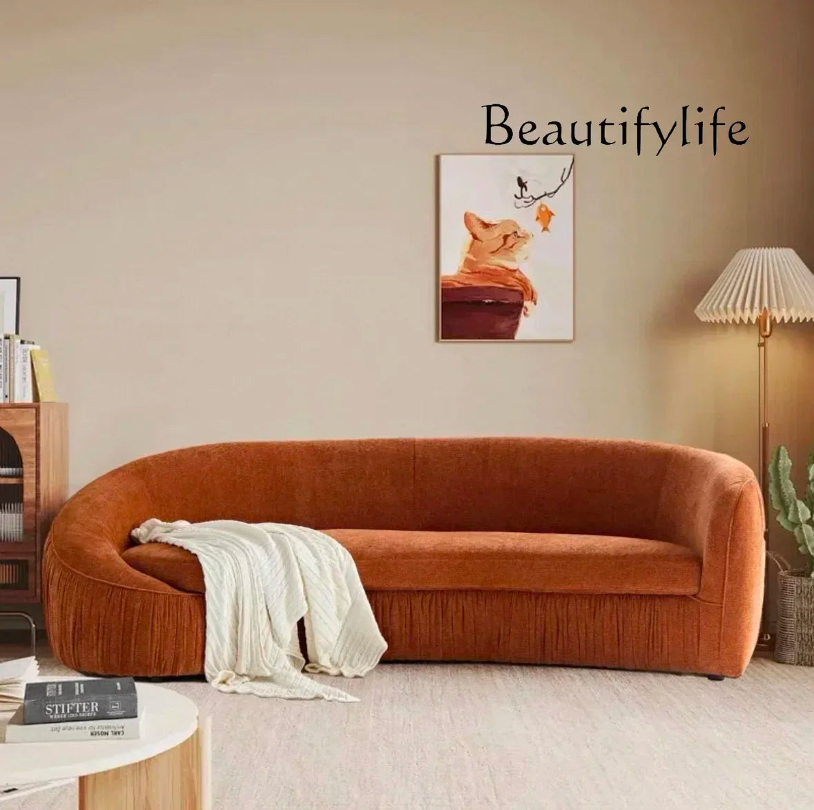 gW Nordic modern minimalist chenille cloth sofa hotel pleated curved large flat multi-person sofa