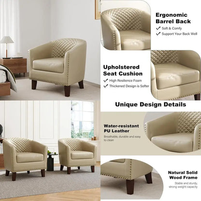 Upholstered Faux Leather Club Chair, Accent Barrel Armchair with Nailed Trim, Comfortable Reading Chair for Living Room and Bedr