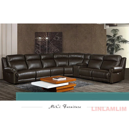 MINGDIBAO Luxury Genuine Leather Power Recliner Sofa Set, L Shape Electric Reclining Couch with Nailhead Trim, Home Theater Seat