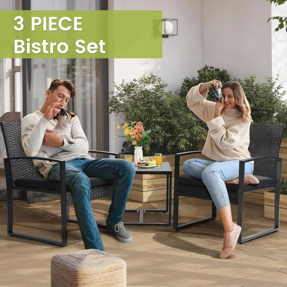 3 Piece Wicker Patio Bistro Set, Rattan Conversation Set with Coffee Table, for Balcony, Porch, Garden, Yard, Poolside, Black Fr