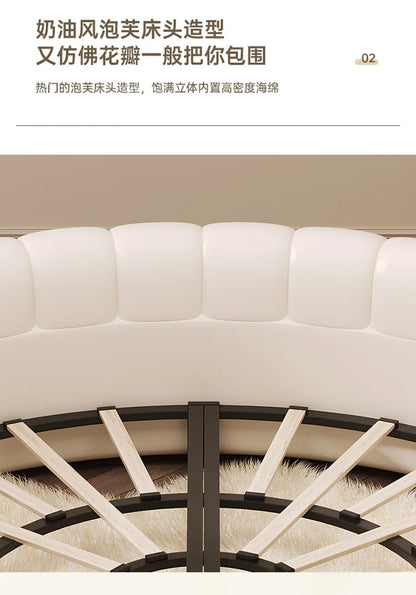 X 2.2×2m Master Bedroom Big Round Bed Modern Hotel Guest House Cream Wind Luxury White Leather Full Bed Frame Lazy Cloud Section