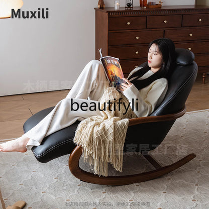 Lazy sofa pewter solid wood leather high-end lazy sofa reclining and sleeping rocking chair
