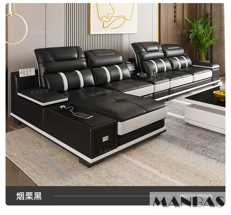 Modern Genuine Leather Sofa Living Room By MANBAS - Stylish Italian Couch with Bluetooth Speaker, USB & Adjustable Headrests
