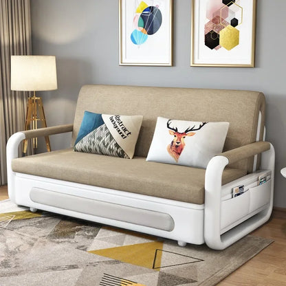Modern Folding Sofa Bed with Fabric Upholstery Apartment Furniture Metal Frame Extendable for Living Room Dining Hotel Use