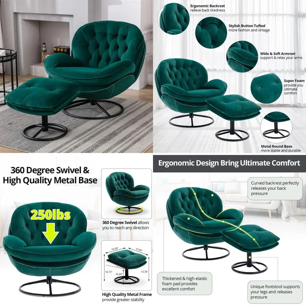 luxurious velvet swivel chair and ottoman set, contemporary lounge chair with metal frame and footrest, ergonomic single relaxat