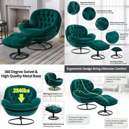 luxurious velvet swivel chair and ottoman set, contemporary lounge chair with metal frame and footrest, ergonomic single relaxat