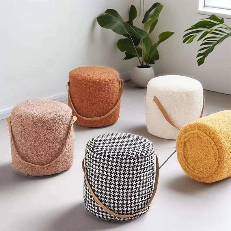 Lamb Velvet Round Stool for Living Room, Multi-Purpose Ottoman for Sofa & Coffee Table, Compact Home Decor Stool