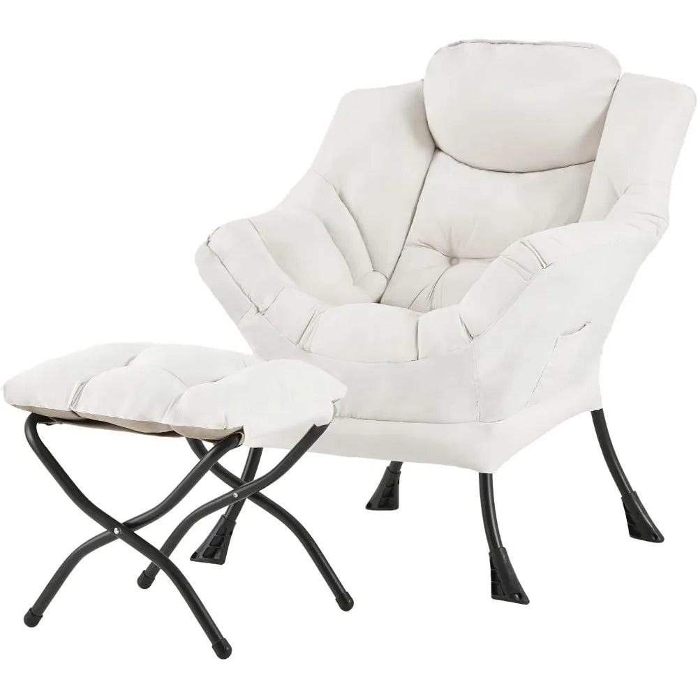 Modern Lazy Chair with Ottoman, Large Velvet Accent Lounge Armchair, Comfy Reading Chair with Footrest for Living Room, Bedroom