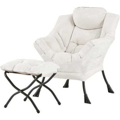 Modern Lazy Chair with Ottoman, Large Velvet Accent Lounge Armchair, Comfy Reading Chair with Footrest for Living Room, Bedroom