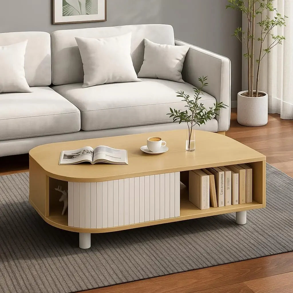 39" Mid-Century Leaf Coffee Table, Wood Storage Center w/ Fluted Sliding Door