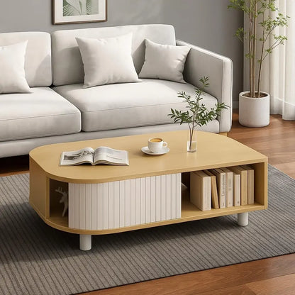 39" Mid-Century Leaf Coffee Table, Wood Storage Center w/ Fluted Sliding Door