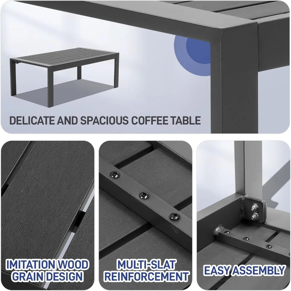 Aluminium modern patio furniture with coffee table, 7-piece outdoor conversation set, dark grey cushions, suitable for balcony