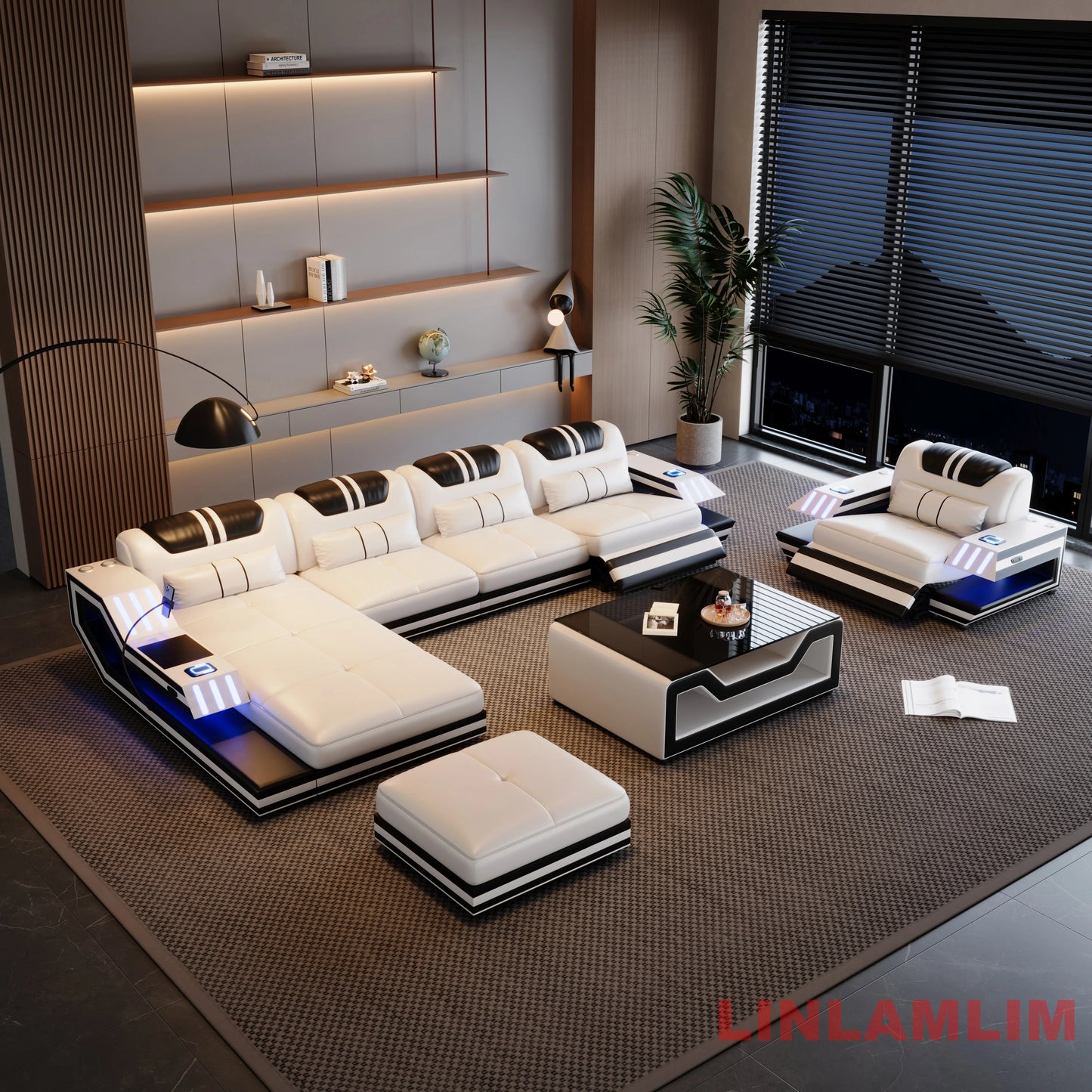 Convertible Genuine Leather Sectional Sofa Bed with Adjustable Headrests, Electric Recliners, Storage, Speakers, USB & LED Light