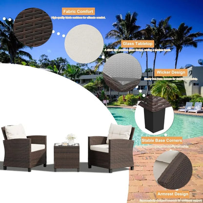 3 Pieces Patio Furniture Set 3 Pieces PE Rattan Wicker Chairs with Table Outdoor Furniture Brown Rattan with White Cushion