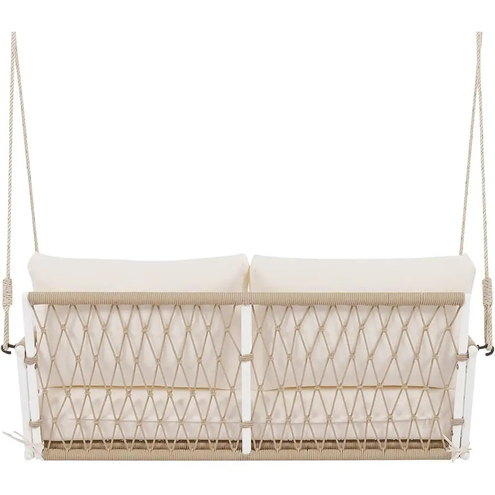 Beige 2-Person Porch Swing with Woven Rope and Soft Cushion for Patio or Garden