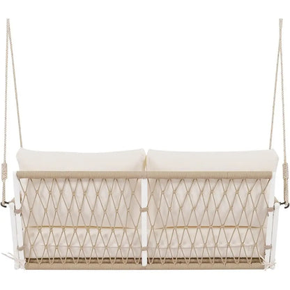Beige 2-Person Porch Swing with Woven Rope and Soft Cushion for Patio or Garden