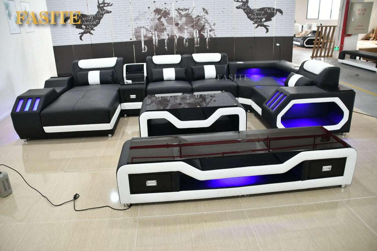 Modern Living Room Sofa Set Genuine Leather Sofas with USB Music Speaker