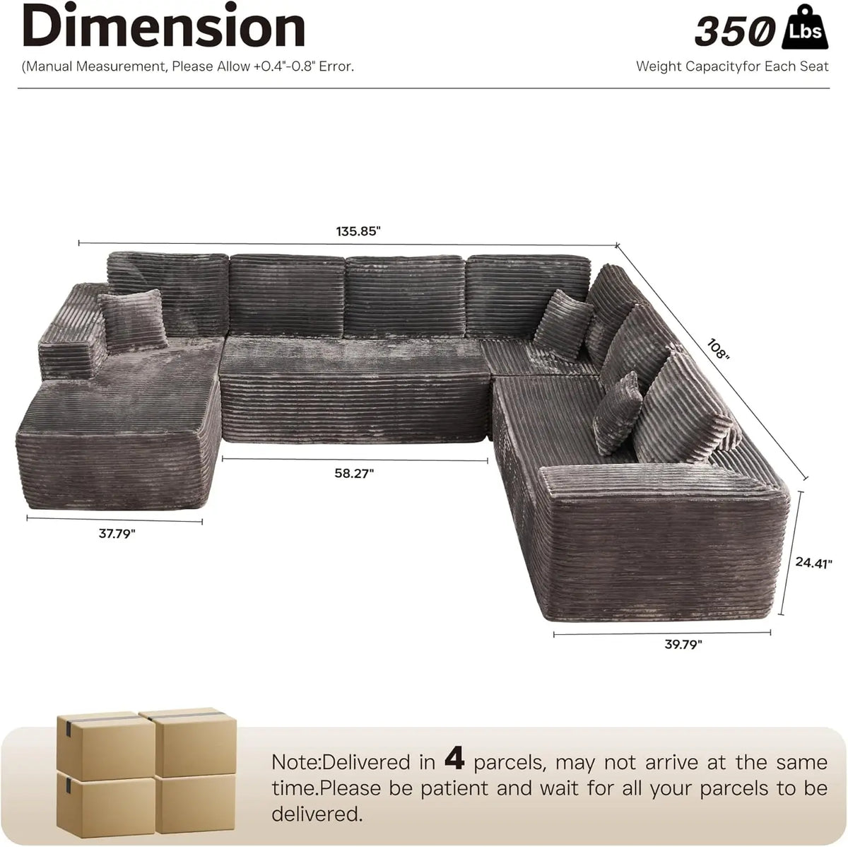 U Shaped Sofa Boneless Couch with Chaise 135