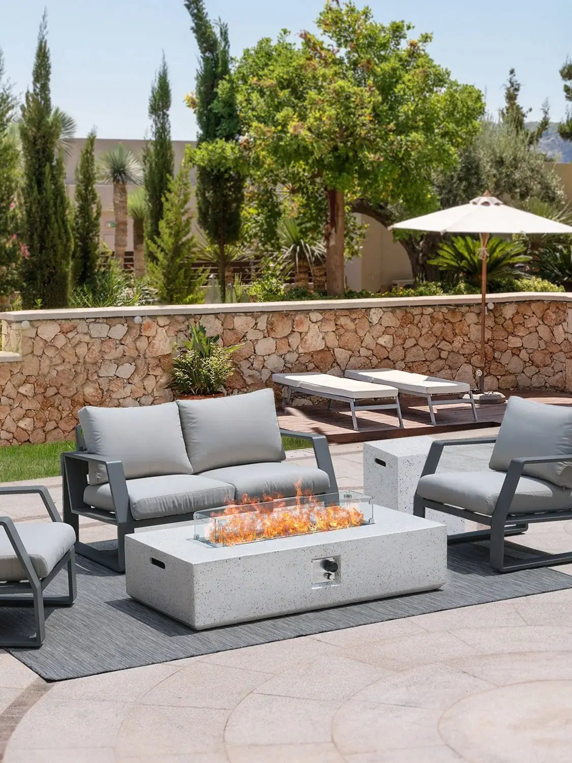 3-Piece Outdoor Propane Fire Table Set, Rectangle Concrete 56-inch x 28-inch Gray(50,000 BTU) w 20lb Tank Table, Wind Glass