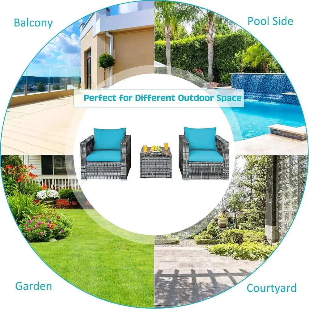 3-Piece Outdoor Patio Furniture Set with PE Rattan, Washable Cushions, and Tempered Glass Top, Ideal for Garden, Poolside, or Ba