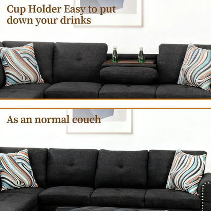 98'' Sectional Couches or Living Room, Linen abric L-Shaped Couch with Cup Holders and Storage Ottoman, 3 Pieces Living Room Soa