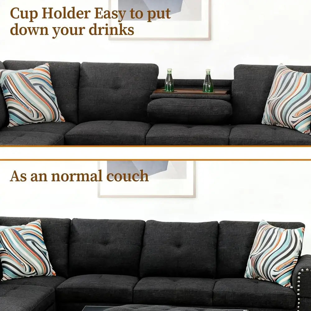 98'' Sectional Couches or Living Room, Linen abric L-Shaped Couch with Cup Holders and Storage Ottoman, 3 Pieces Living Room Soa