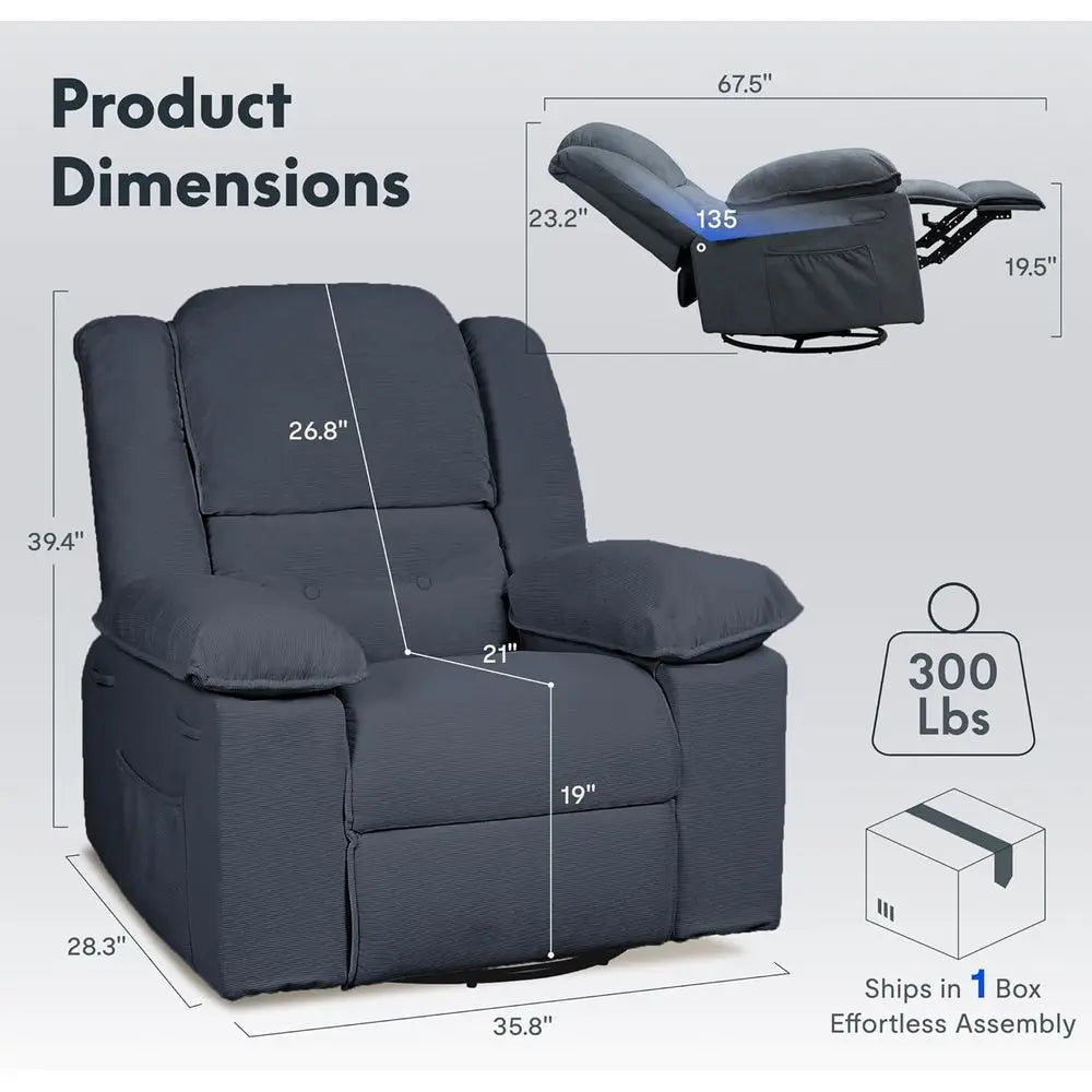 Adult Swivel Rocker Recliner with Massage & Heat, Manual Rocking Chair featuring USB Port and Side Pocket, Ideal for Small Space