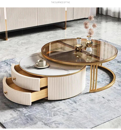a163  round Glass Stone Plate Coffee Table Modern Minimalist Living Room Home Retractable Size Combination