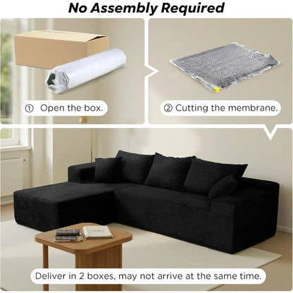 Black Sectional Couches for Living Room, Boneless Couch with L-Shape Chaise, Modular Sofa in Box with Deep Seat, No Assembly