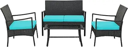 4 Piece Wicker Patio Furniture Set, Outdoor PE Rattan Conversation Sets with Chairs, Loveseat & Tempered Glass Coffee Ta