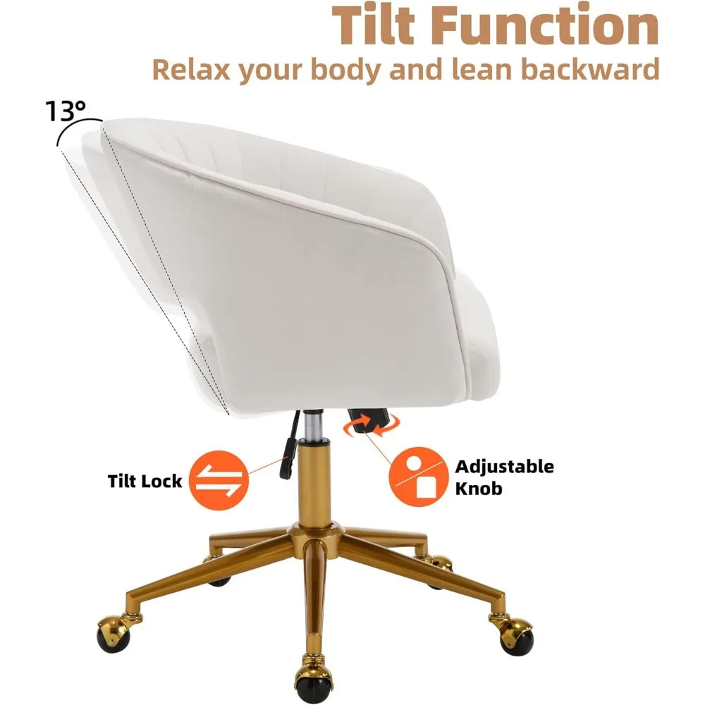 Home Office Desk Chairs, Modern Velvet Rolling Chair, Height Adjustable Swivel Vanity Chair with Golden Base, Ergonomic